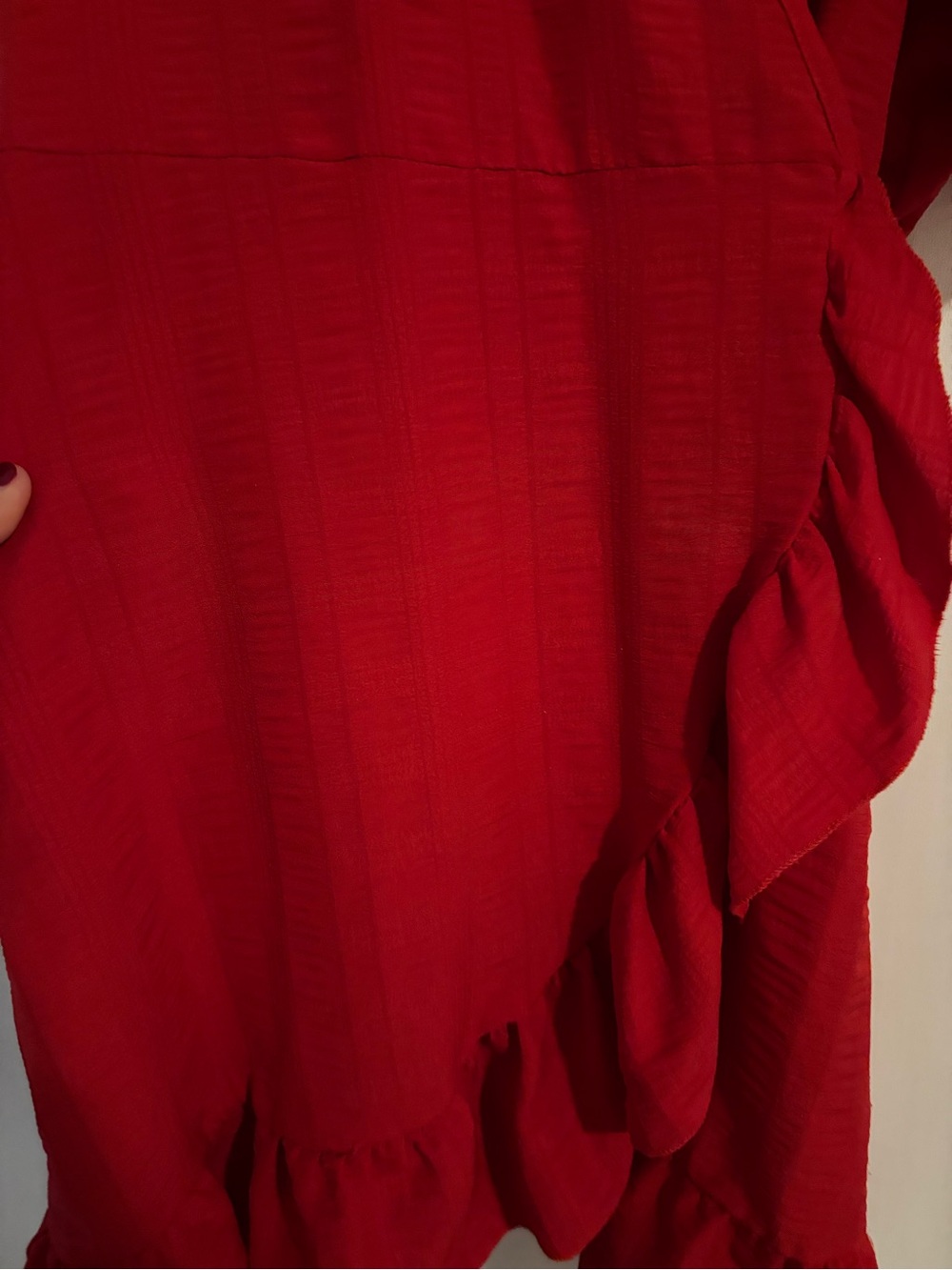 Lightweight Red Wrap-Style Ruffle Mini Dress - Picture 2 of 3